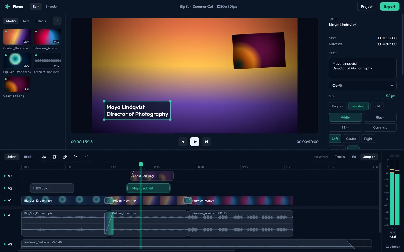 Plume's editor: a lower-third title selected in the monitor, its settings on the right, and a timeline of video and audio tracks with audio meters beside it.