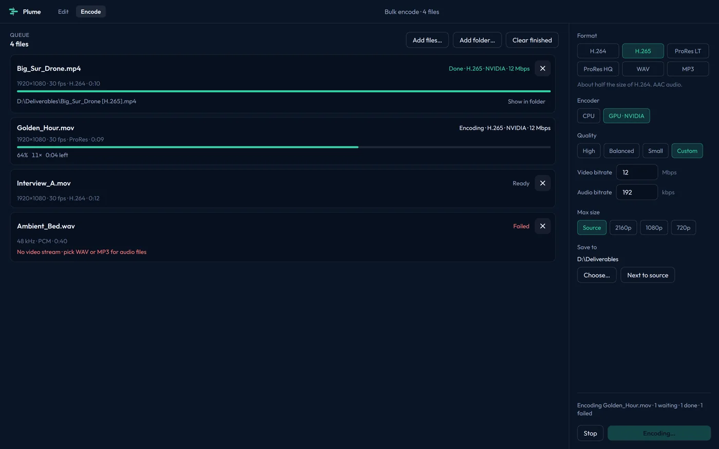 Plume's Encode tab: a queue of four files converting to H.265 on the GPU.