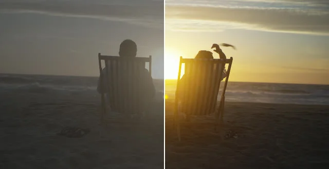 A beach sunset shot on RED: the left half flat and grey, the right half warm with a bright sun.