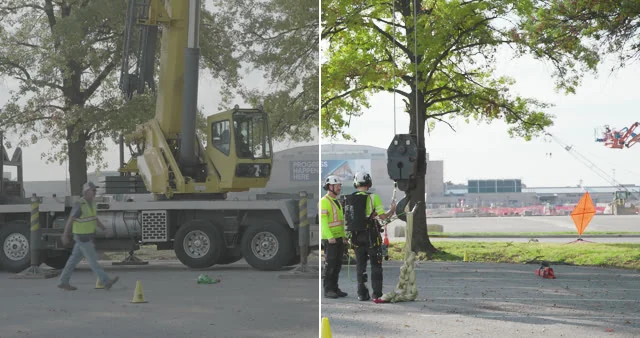 A crane and two workers under trees: the left half washed out, the right half with green leaves and a yellow crane.