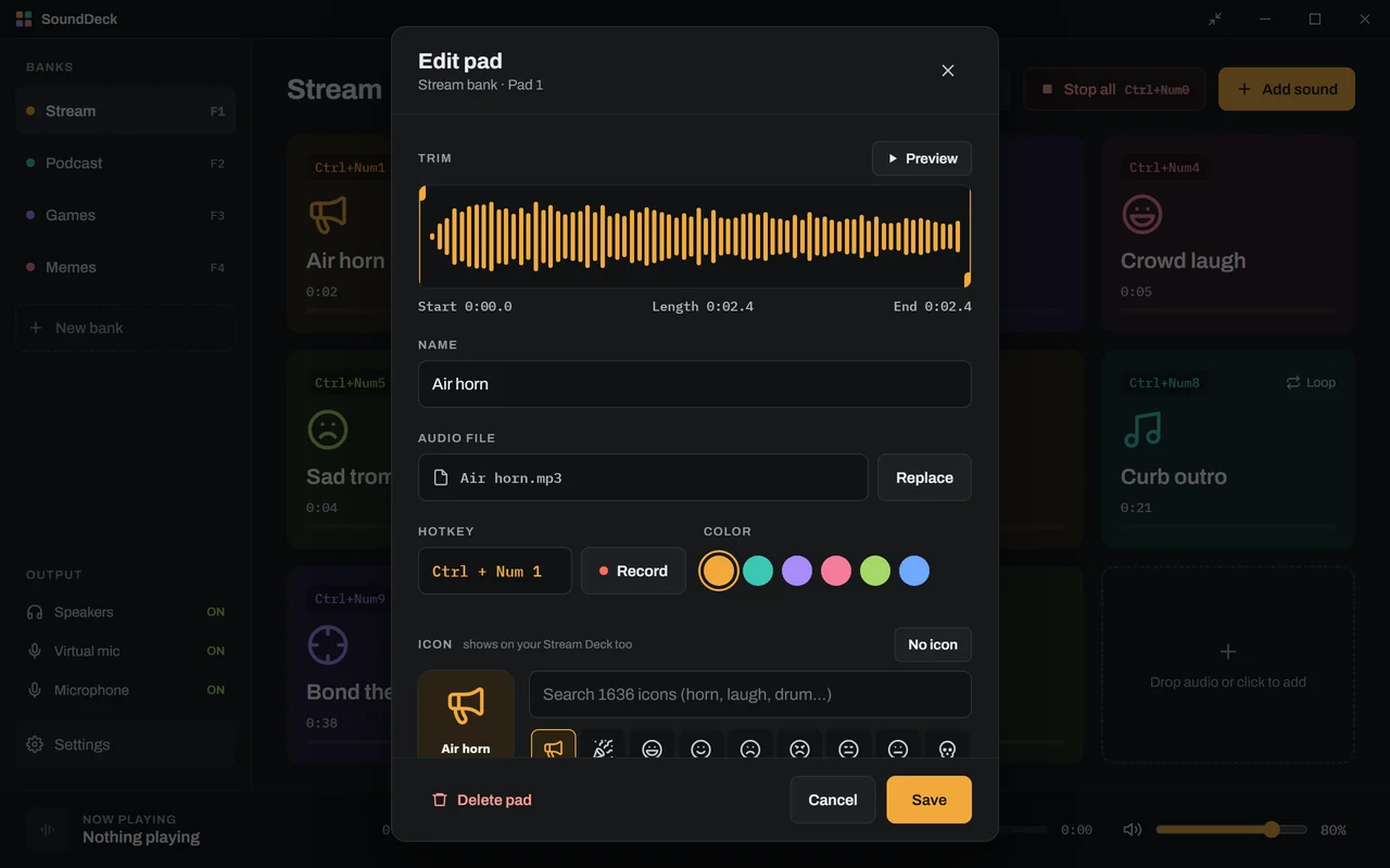 The Edit pad window: a waveform with trim handles, the pad's name, audio file, hotkey, color and an icon picker with a Stream Deck key preview.