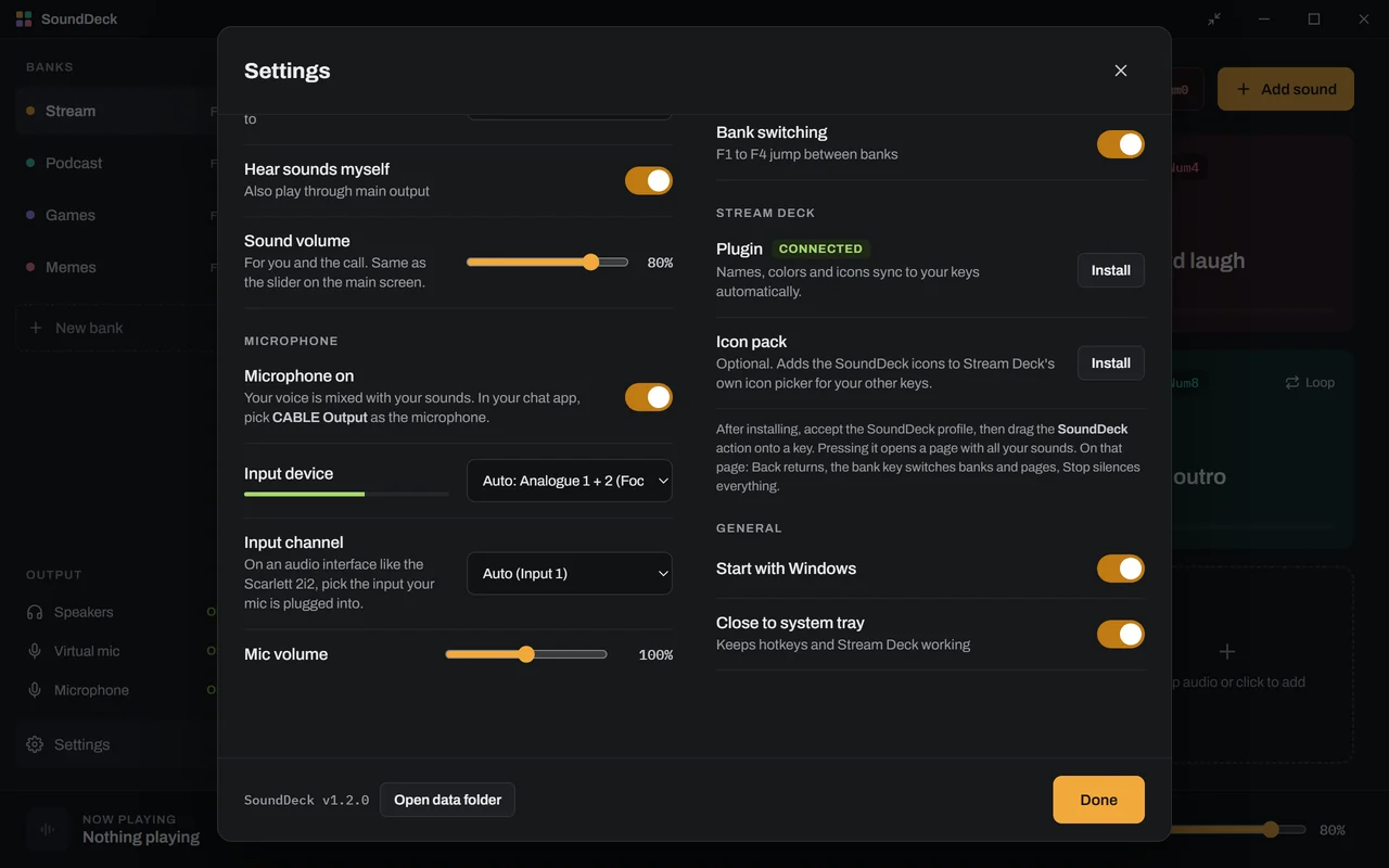 SoundDeck's Settings: the microphone section on the left, and the Stream Deck section on the right showing the plugin as connected with Install buttons for the plugin and the icon pack.